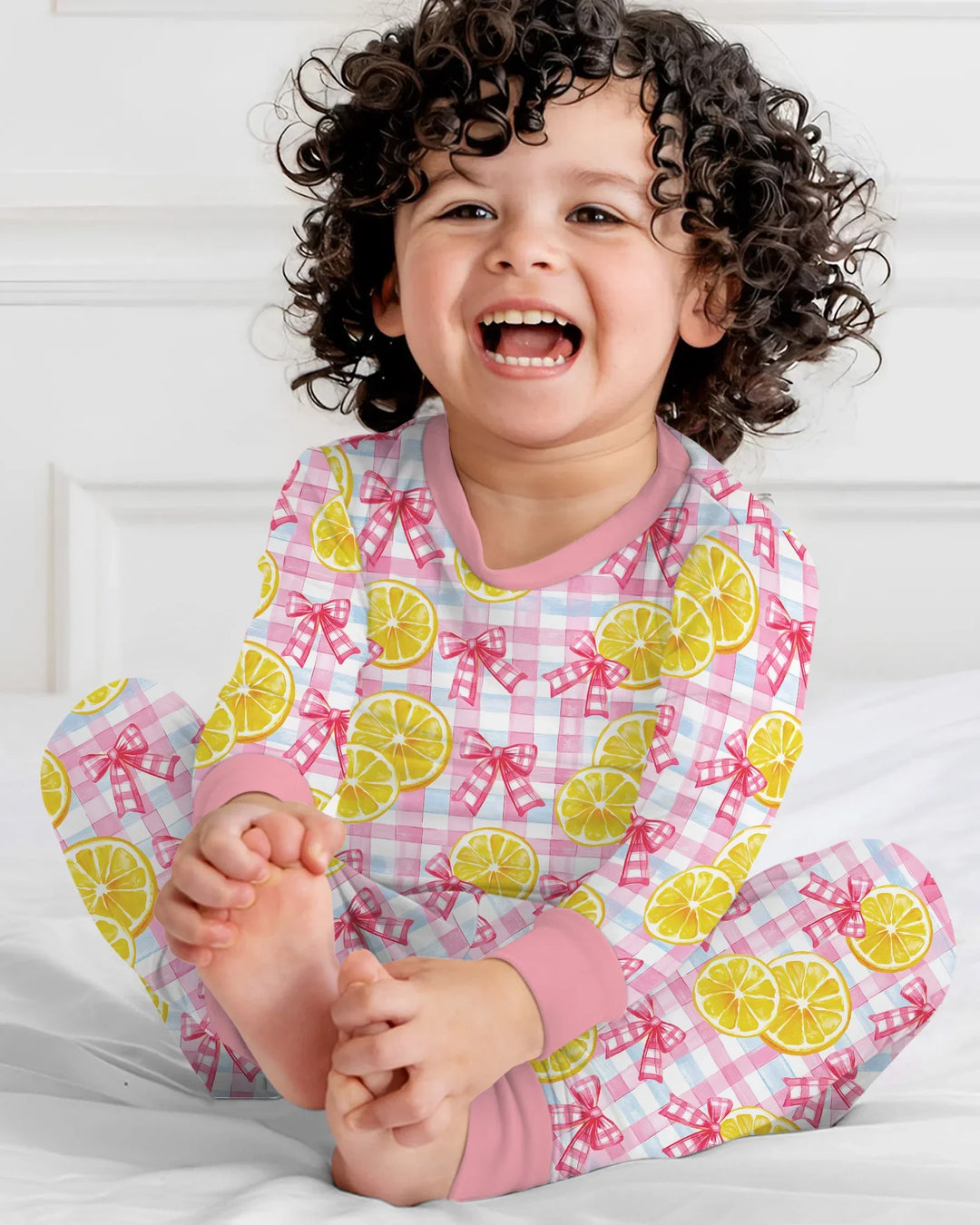 Pink Lemons Bows Checkered Bamboo Two Piece Long Sleeve Pajama Set