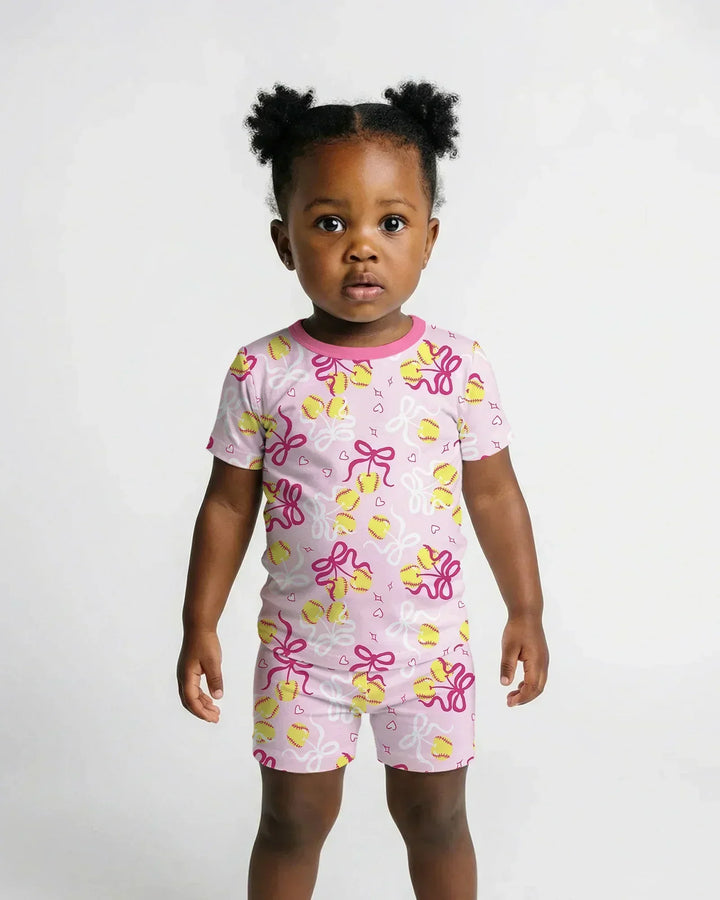 Softball Cherry Mom And Girl Matching Bamboo Two Piece Short Sleeve Shorts Pajama Set