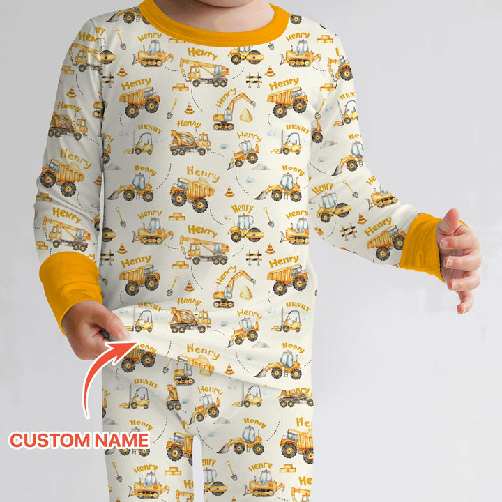 Constructions Machines Custom Name Two Piece Long Sleeve Pajama Set