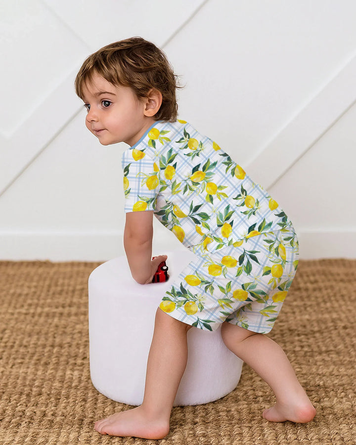Conjunto de pijama de dos piezas de bambú, manga corta y pantalones cortos, con estampado a juego de limones mediterráneos para la familia
