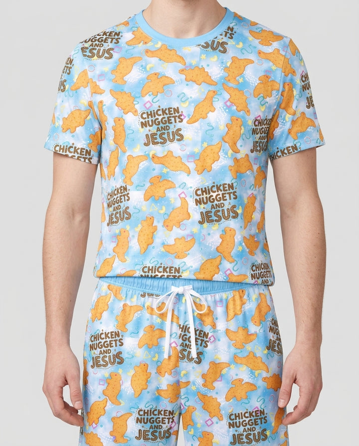 Chicken Nuggets and Jesus Family Matching Bamboo Men Short Sleeve Short Pajama Set