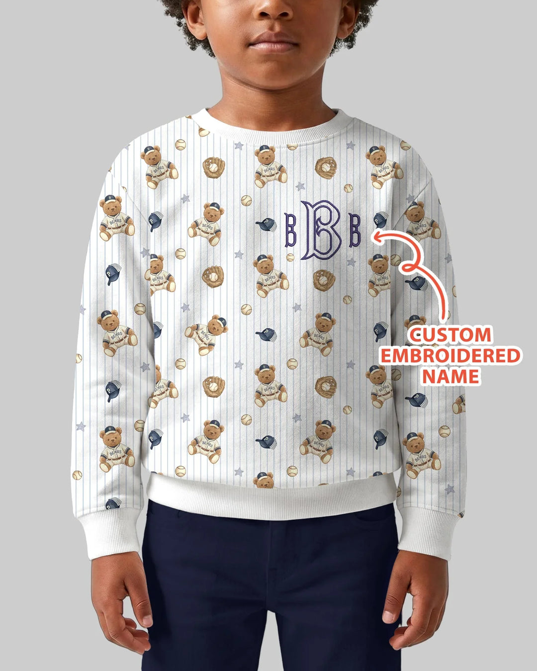 Personalized Embroidered Teddy Bear Baseball Baby Bamboo Crewneck Sweatshirt