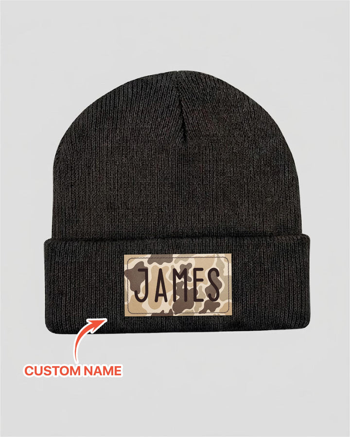 Custom Name Camo Leather Patch Beanie