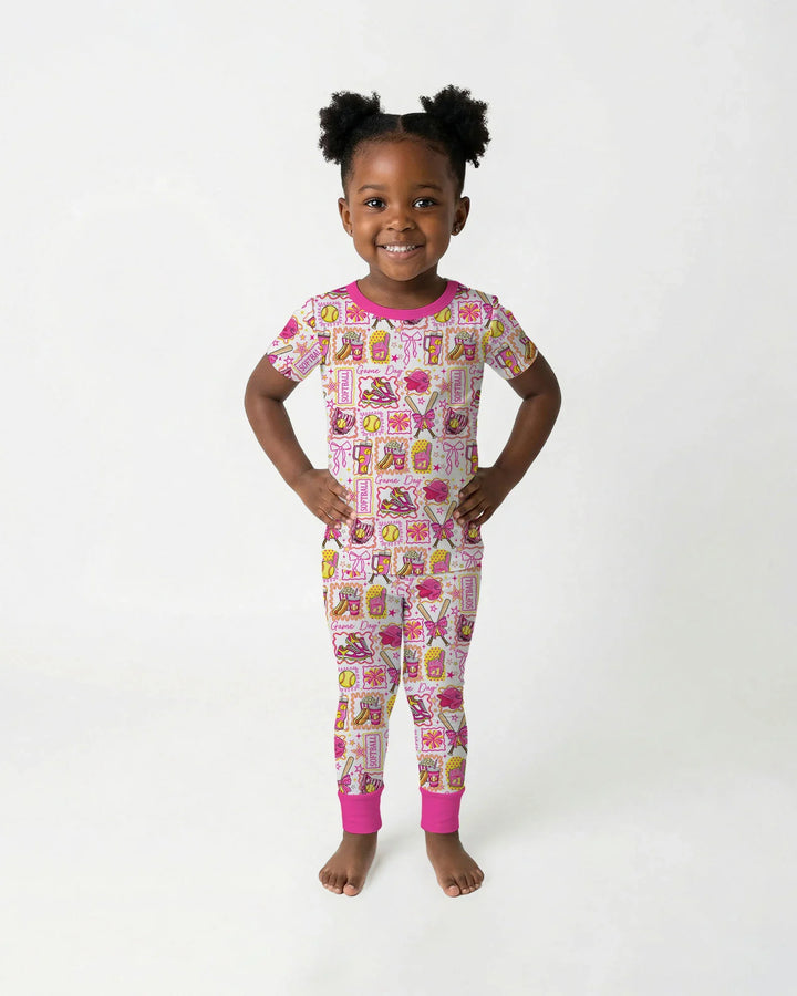 Pink Softball Game Day Bamboo Two Piece Short Sleeve Pajama Set