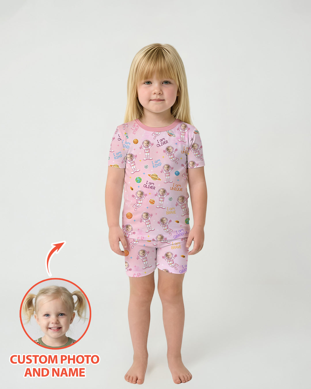 Custom Photo Kid Affirmations I Am Kind Astronaut Bamboo Two Piece Short Sleeve Pajama Set