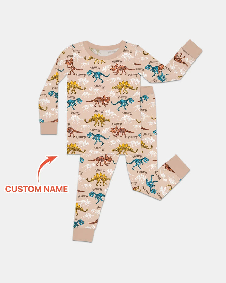 Dino Bones Parade Custom Name Two Piece Long Sleeve Pajama Set