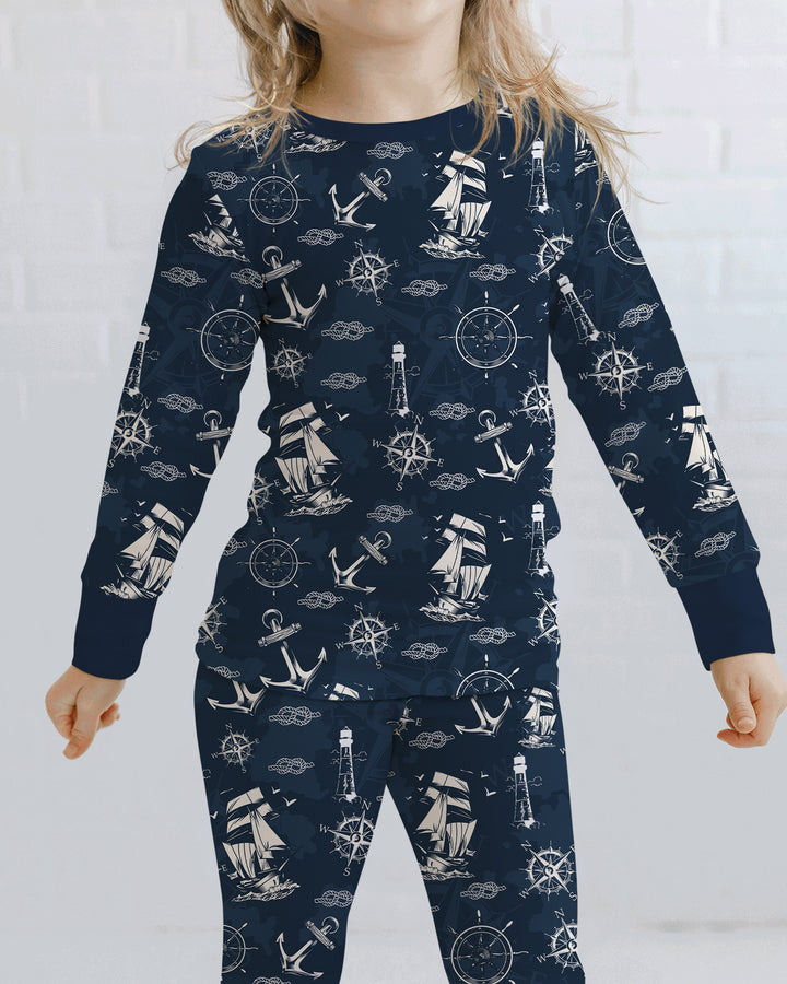 Vintage Nautical Voyage Bamboo Two Piece Long Sleeve Pajama Set