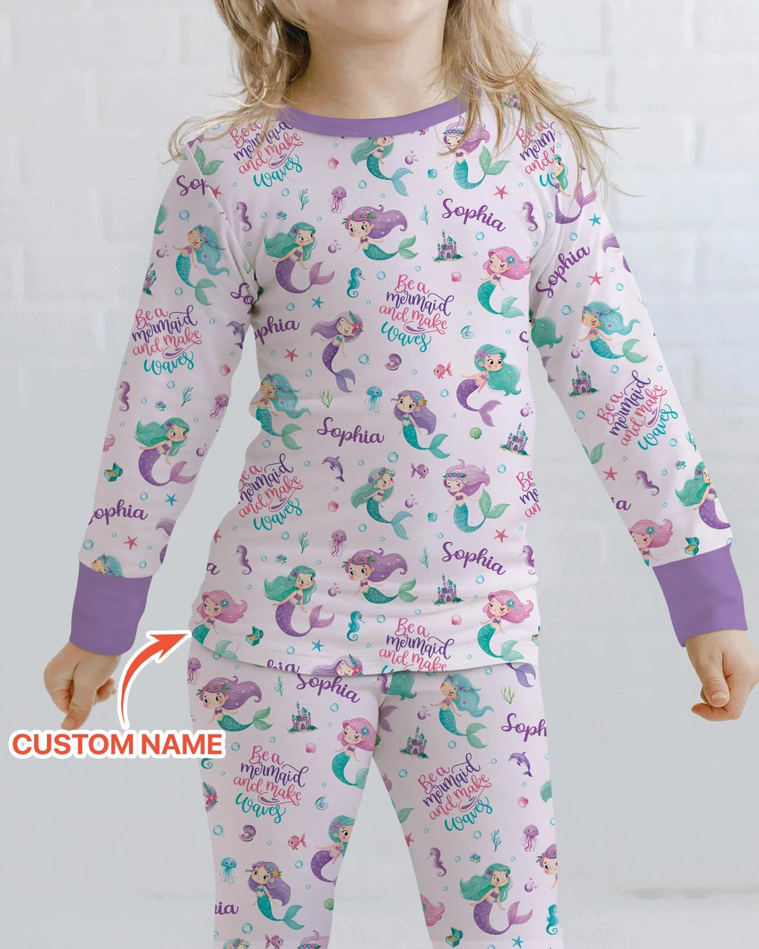 Custom Name Mermaid Make Waves Bamboo Two Piece Long Sleeve Pajama Set