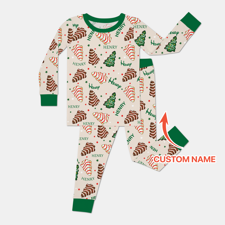 Christmas Tree Cake Custom Name Two Piece Long Sleeve Pajama Set