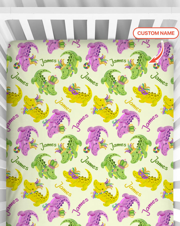 Custom Name Mardi Gras Alligator Fitted Crib Sheet
