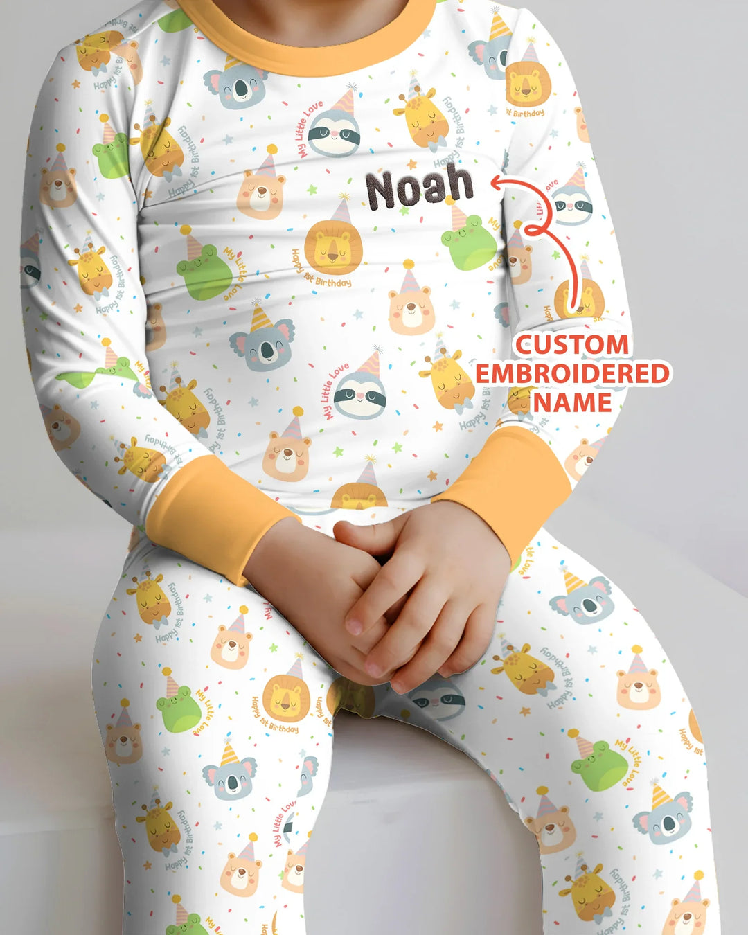 1st Birthday Personalized Embroidered Baby Bamboo Two Piece Long Sleeve Pajama Set