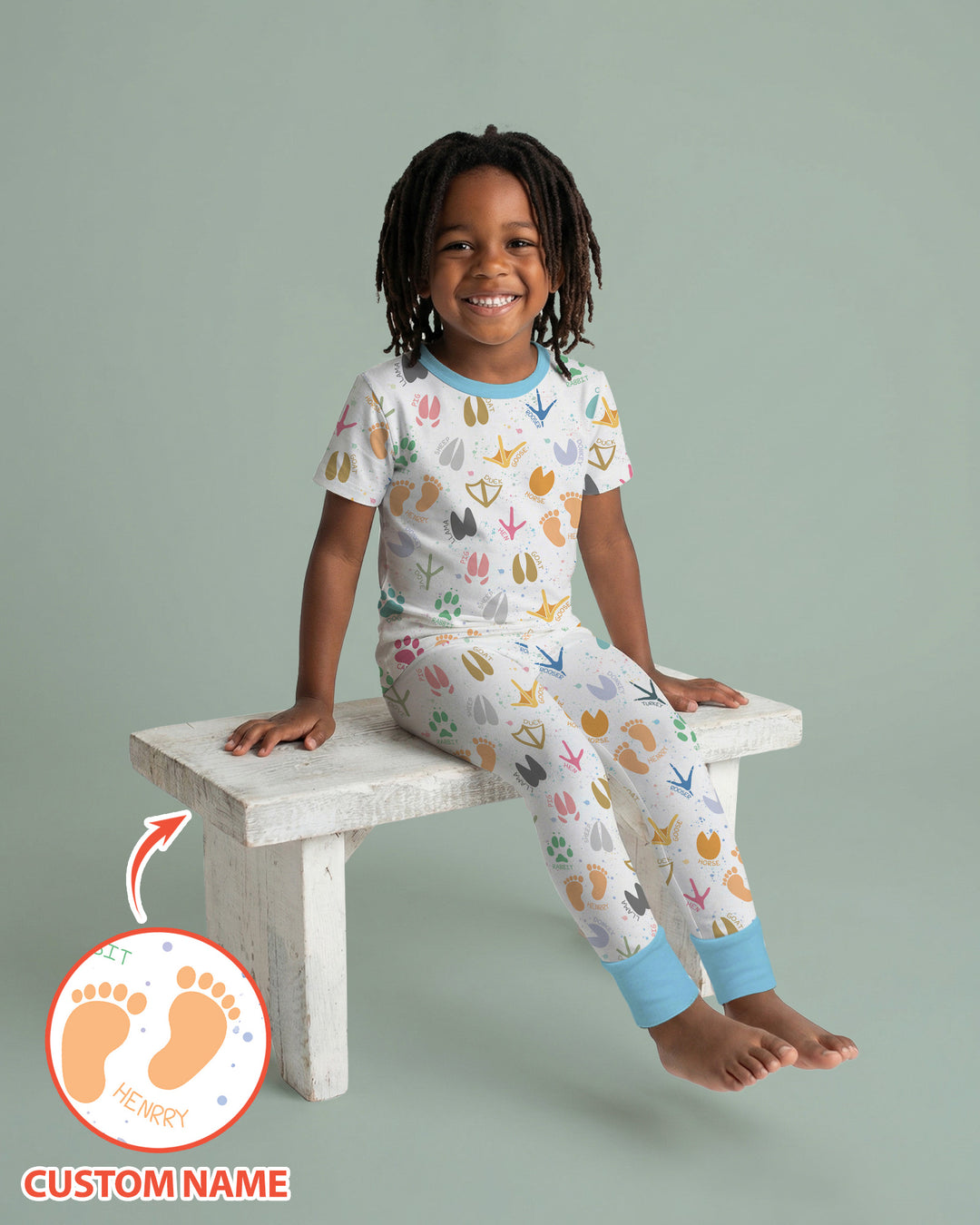 Cute Farm Animal Tracks Custom Name Bamboo Two Piece Short Sleeve Pajama Set