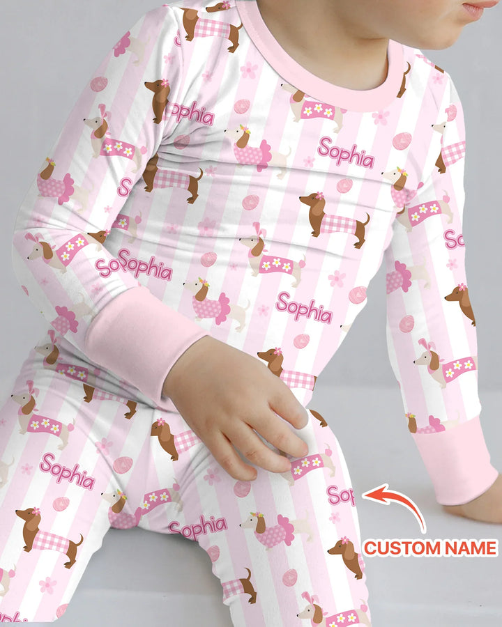 Custom Name Easter Dachshunds Family Matching Two Piece Long Sleeve Pajama Set
