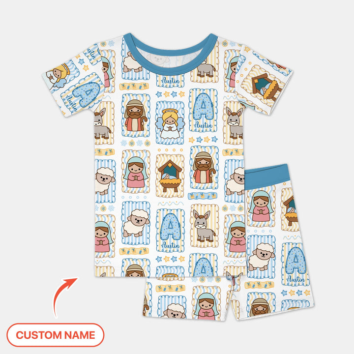 Custom Name Christmas Nativity Two Piece Short Sleeve Shorts Pajama Set