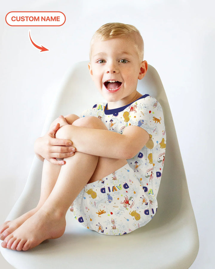 Custom Name Circus Toile Bamboo Two Piece Short Sleeve Shorts Pajama Set