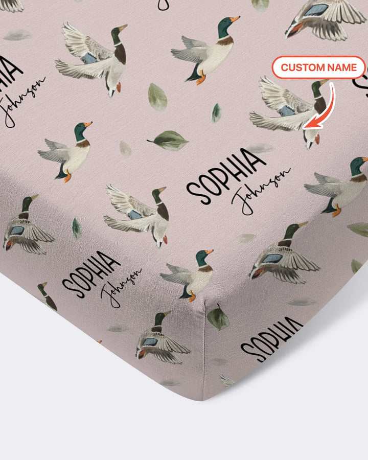 Sábana ajustable de bambú para cuna de pato mallard con nombre personalizado