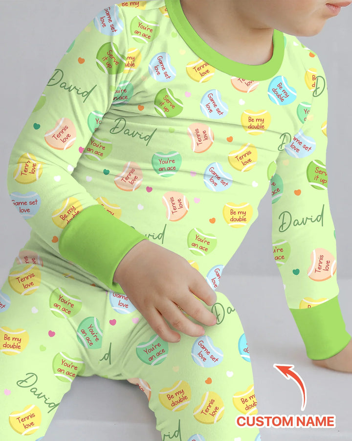 Custom Name Tennis Candy Hearts Bamboo Two Piece Long Sleeve Pajama Set