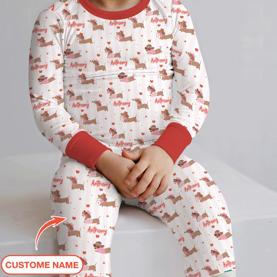 Custom Name Valentine Dachshund Family Matching Two Piece Long Sleeve Pajama Set