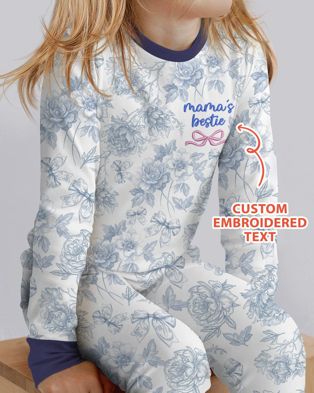 Conjunto de pijama de dos piezas de bambú de manga larga personalizado con bordado Mommy and Me Toile