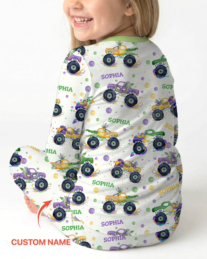 Custom Name Mardi Gras Monster Trucks Two Piece Long Sleeve Pajama Set