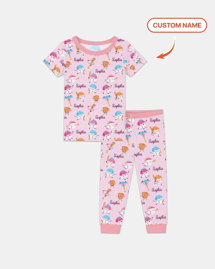 Custom Name Ballparl Family Matching Bamboo Two Piece Short Sleeve Pajama Set