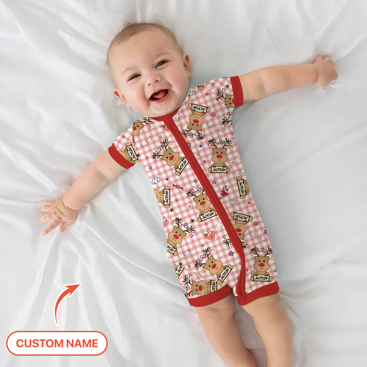 Custom Name Reindeer Gingham Shorty Zippy