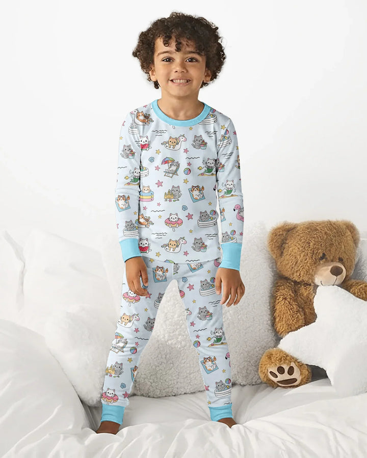 Kawaii Cats Summer Vacation Bamboo Two Piece Long Sleeve Pajama Set