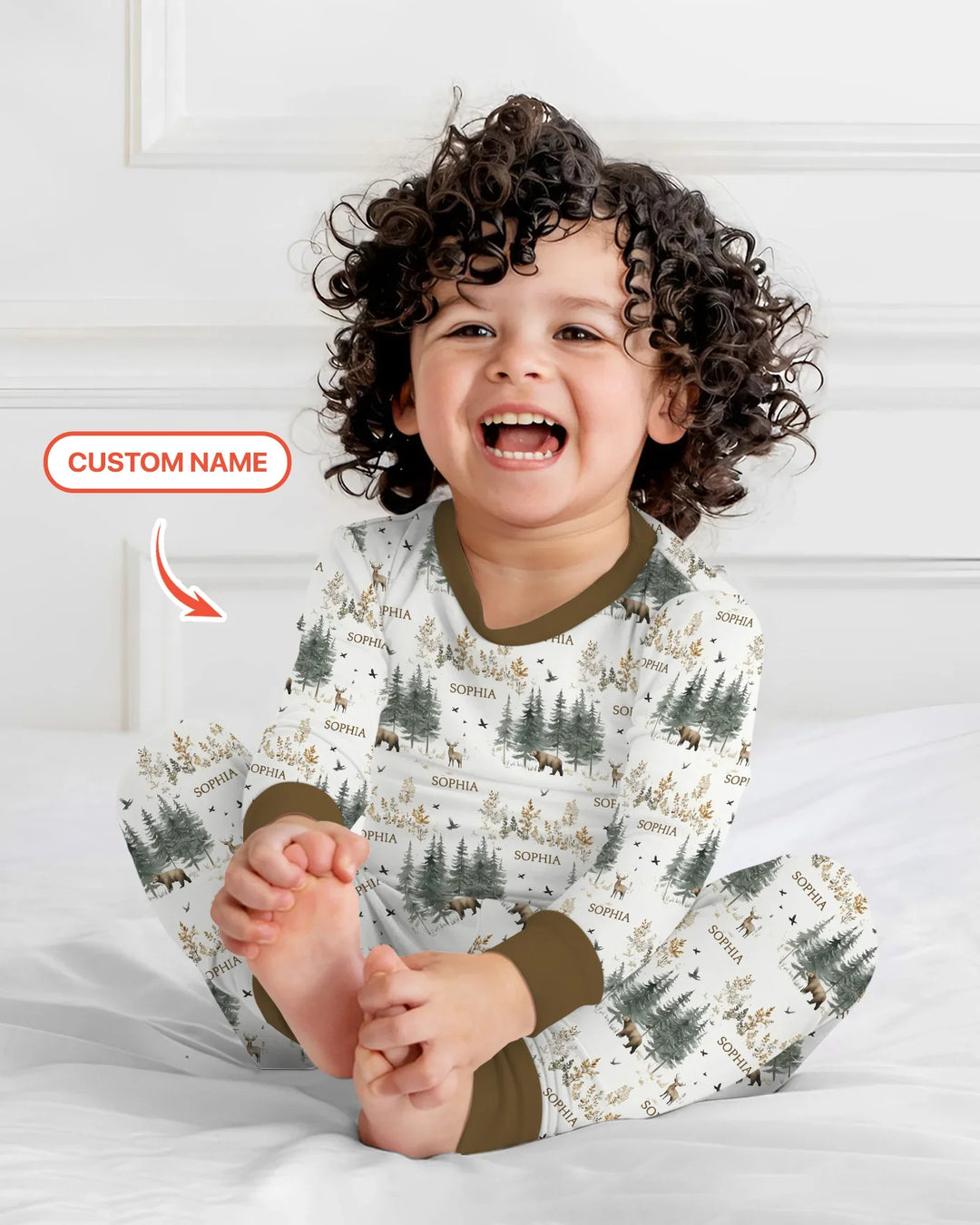 Custom Name Forest Bear Deer Bamboo Two Piece Long Sleeve Pajama Set