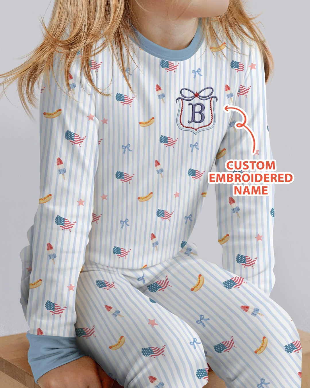 Personalized 4th Of July Embroidered Bamboo Two Piece Long Sleeve Pajama Set