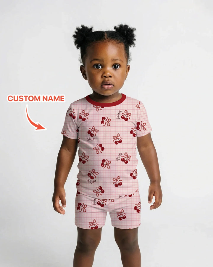 Conjunto de pijama de dos piezas de bambú de manga corta y pantalón corto para mamá y bebé Cereza