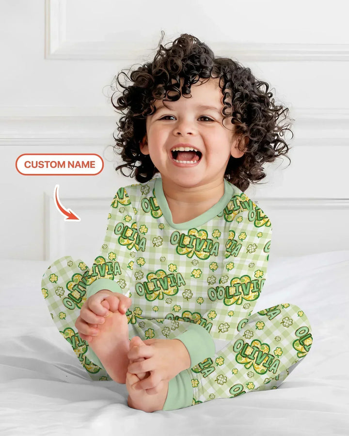 Lucky Shamrock Custom Name Two Piece Long Sleeve Pajama Set