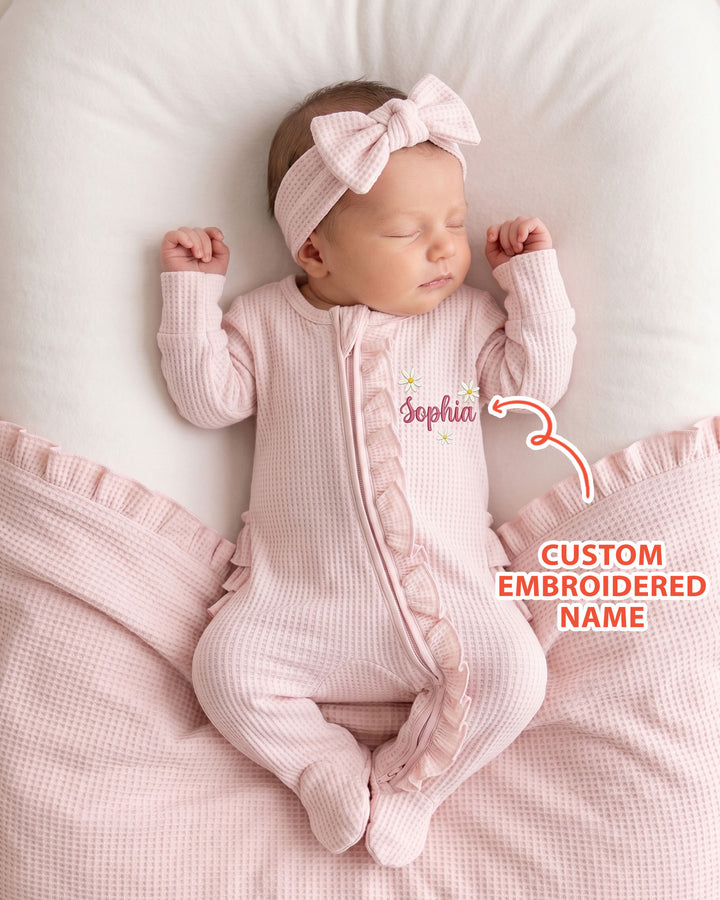 Custom Name With Daisy Embroidered Waffle Ruffle Bamboo Zipper Footie