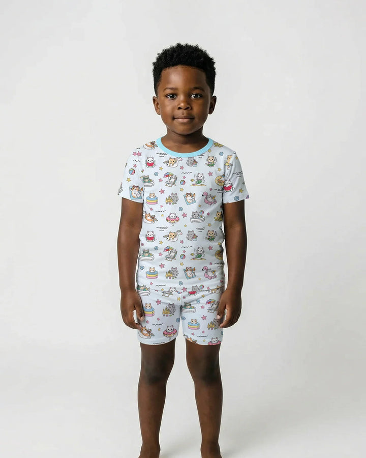 Kawaii Cats Summer Vacation Bamboo Two Piece Short Sleeve Shorts Pajama Set