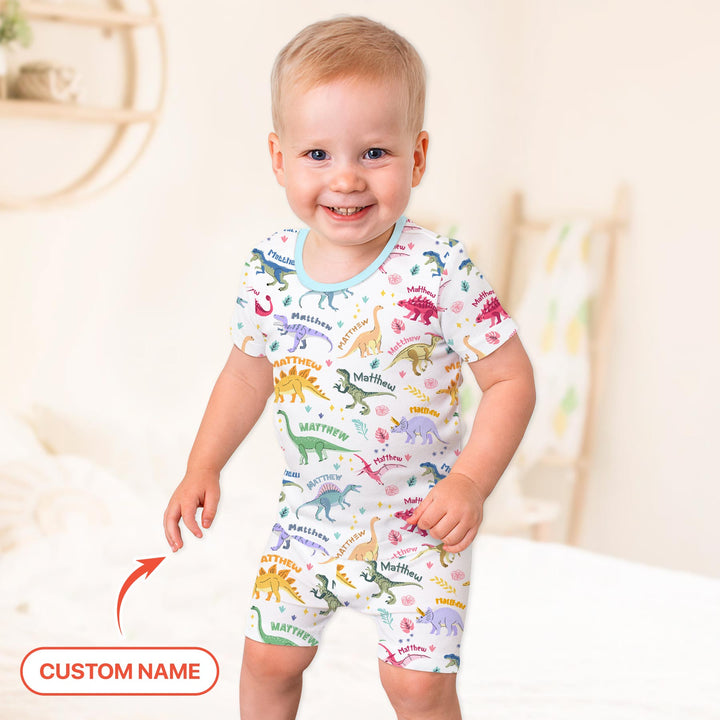 Dino Roar Custom Name Two Piece Short Sleeve Shorts Pajama Set