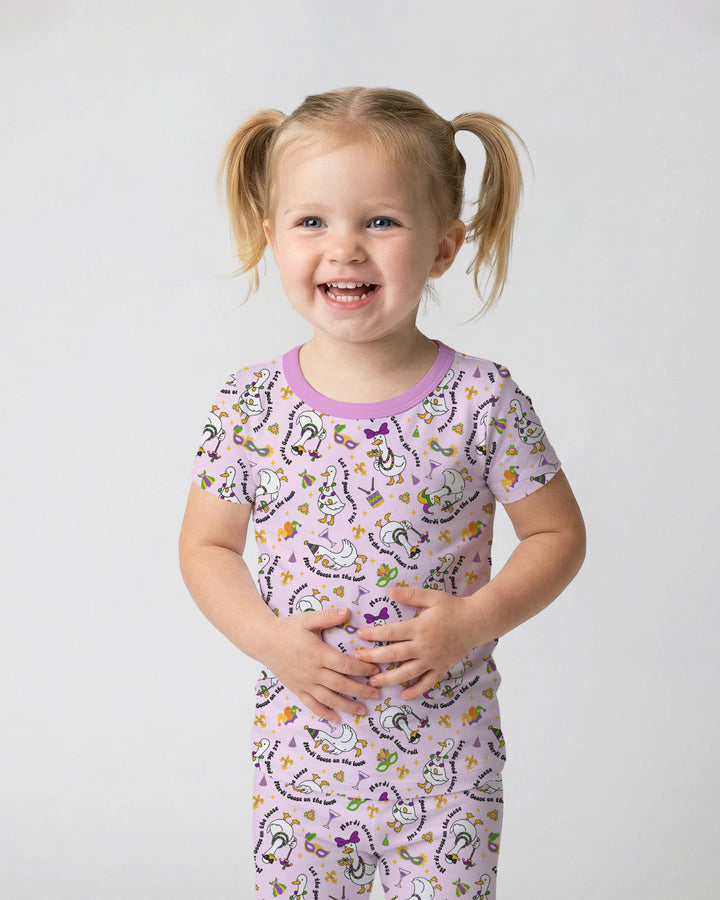 Mardi Gras Silly Goose Two Piece Short Sleeve Pajama Set