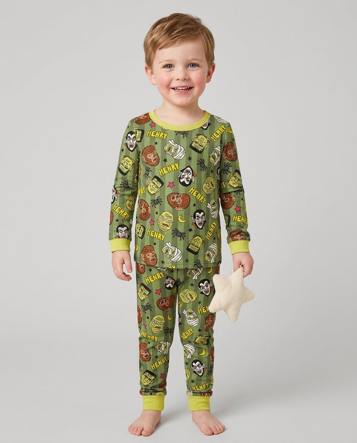Custom Name Spooky Monsters Bamboo Two Piece Long Sleeve Pajama Set