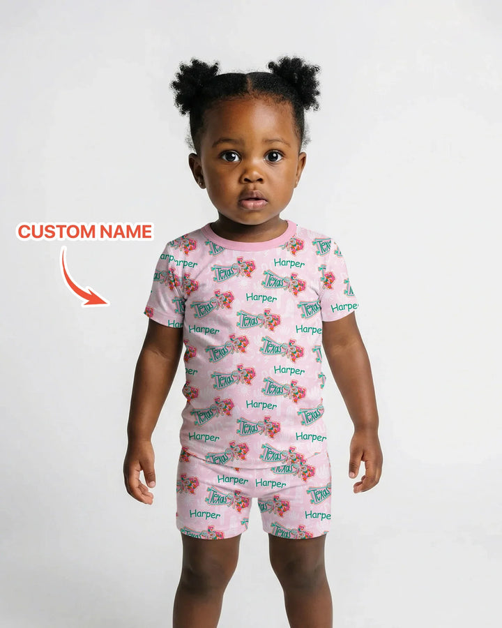 Custom Name Preppy Texas Charm Bamboo Two Piece Short Sleeve Shorts Pajama Set