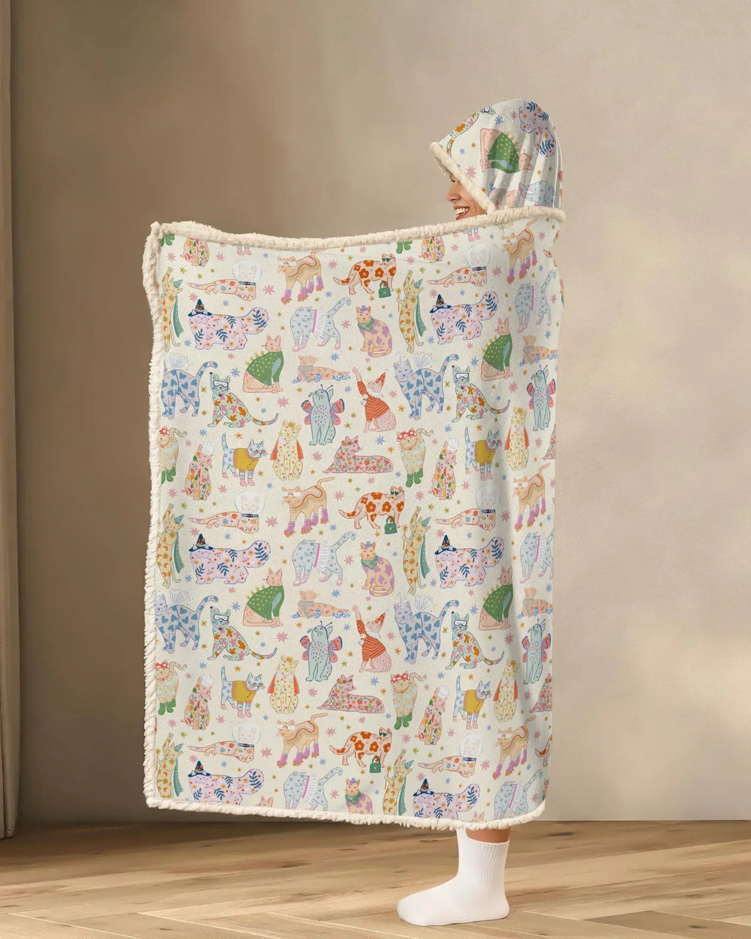 Whimsical Cat Parade Bamboo Wearable Hooded Blanket