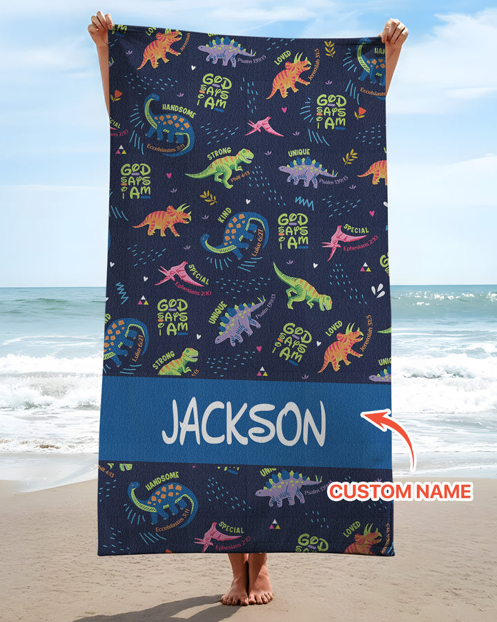 Custom Name God Says I Am Dinosaur Beach Towel