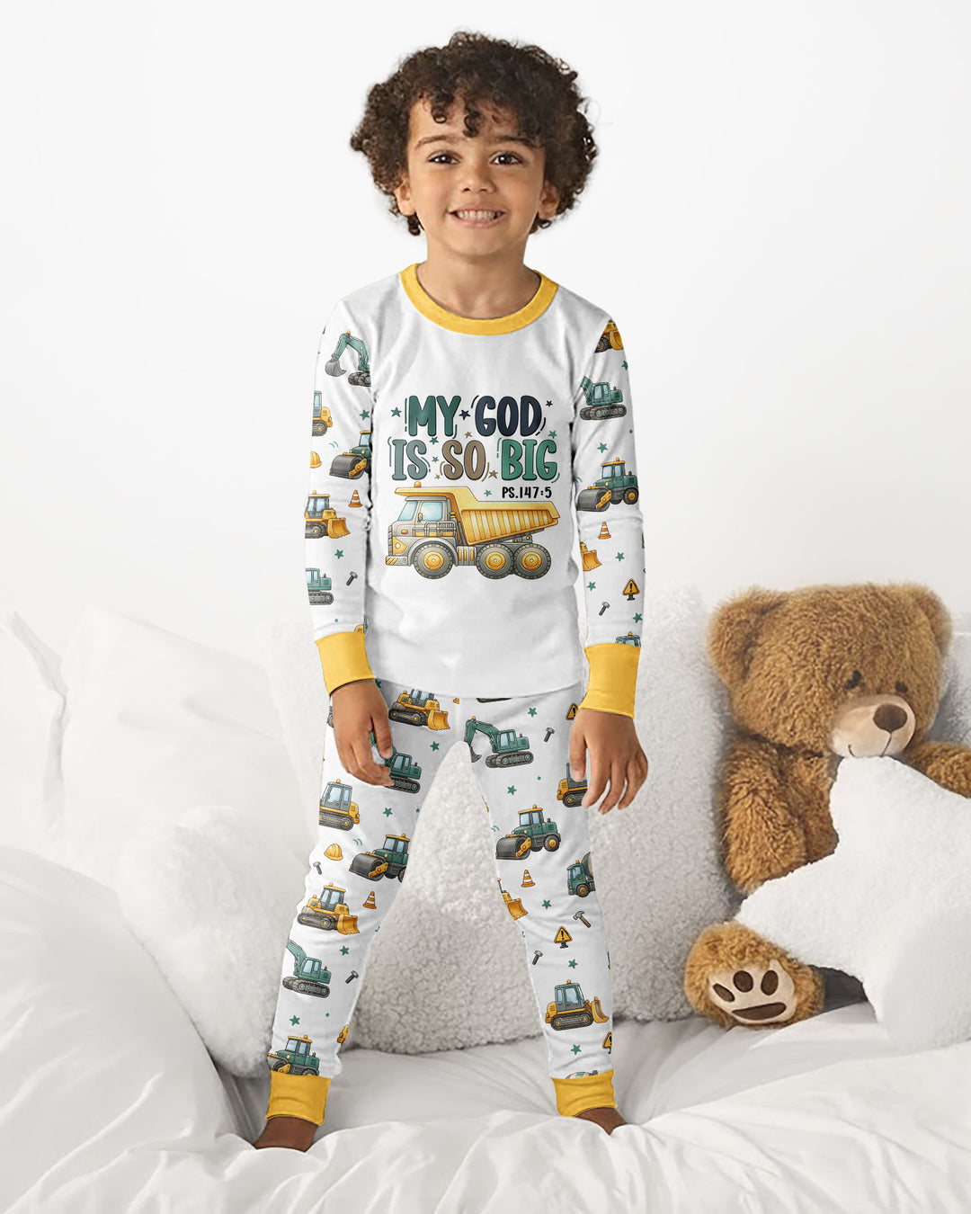 Construction Vehicles My God Is So Big Bamboo Two Piece Long Sleeve Pajama Set