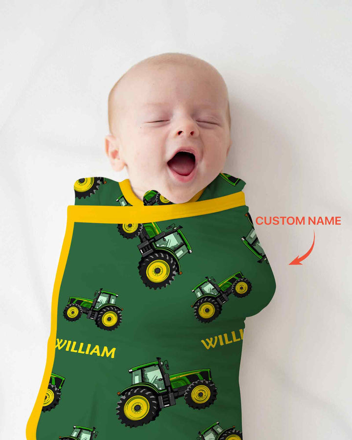 Custom Name Green Tractors Matching Daddy & Me Swaddle Blanket