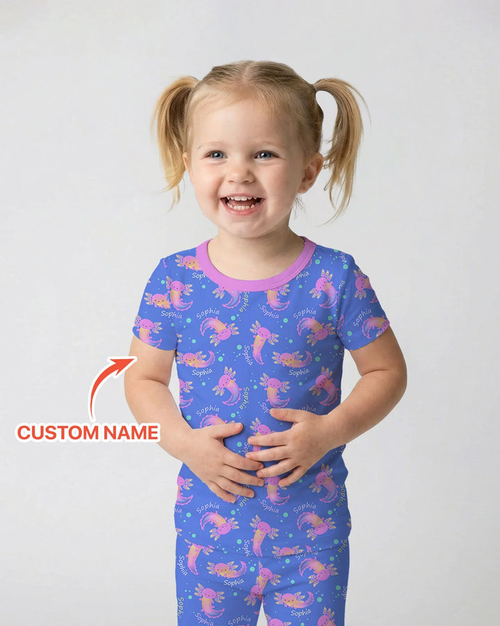 Axolotl Glow Custom Name Bamboo Two Piece Short Sleeve Pajama Set