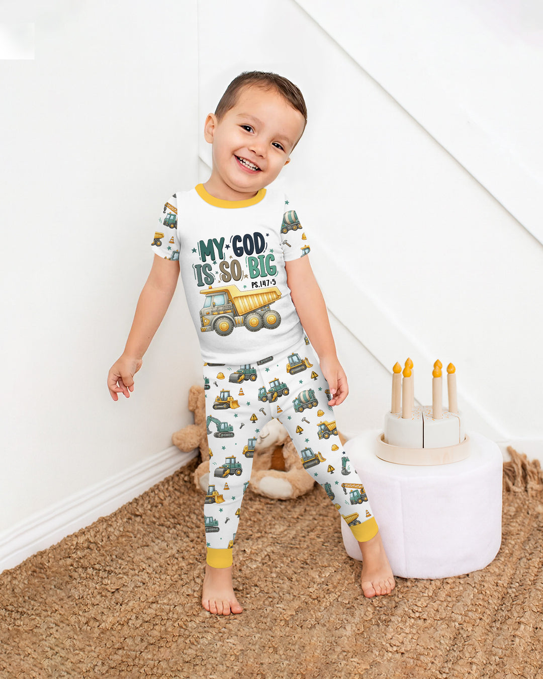 Construction Vehicles My God Is So Big Bamboo Two Piece Short Sleeve Pajama Set