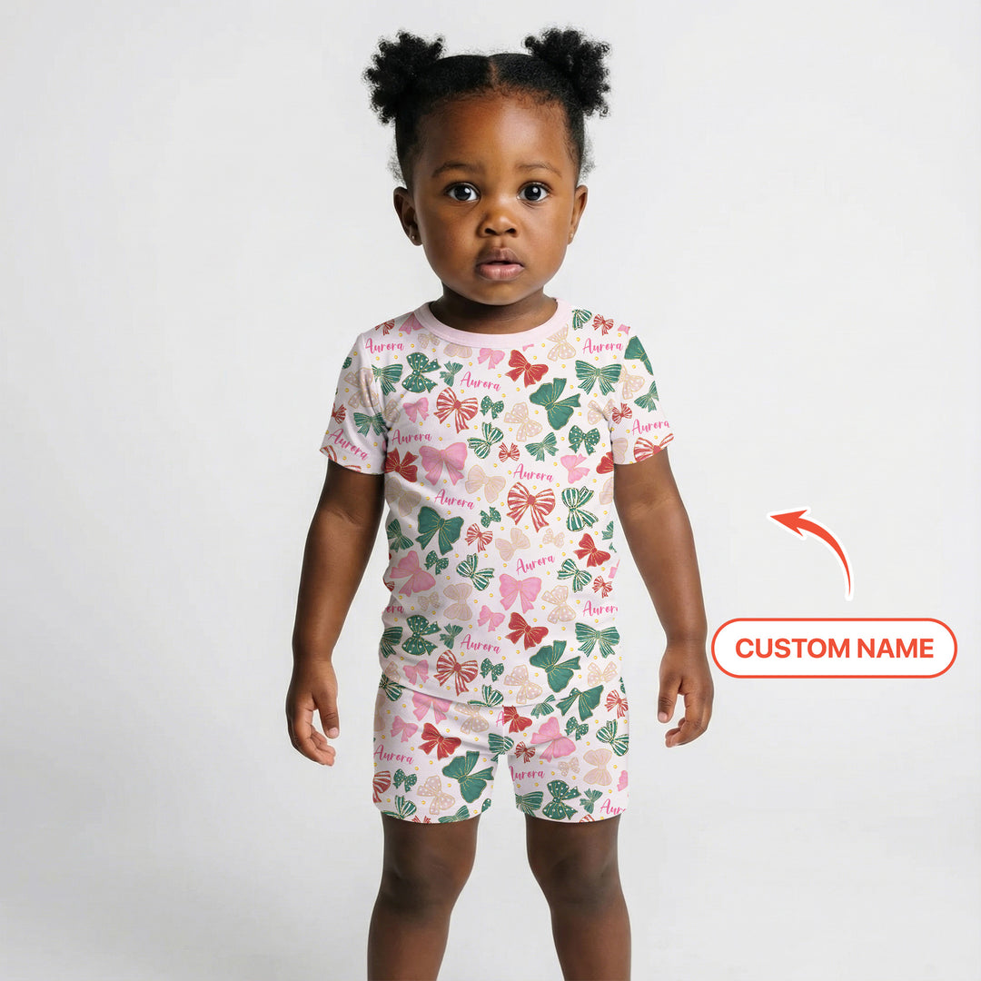 Custom Name Preppy Coquette Bows Two Piece Short Sleeve Shorts Pajama Set
