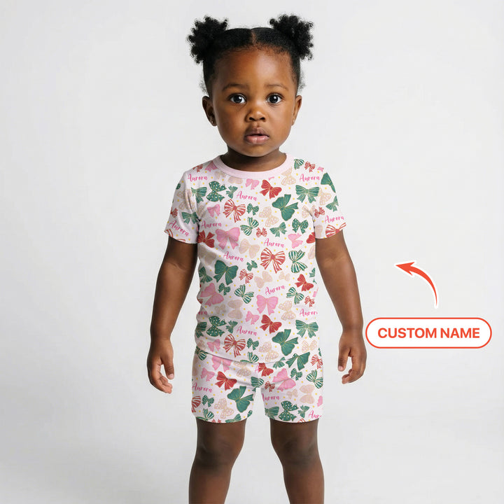 Custom Name Preppy Coquette Bows Two Piece Short Sleeve Shorts Pajama Set