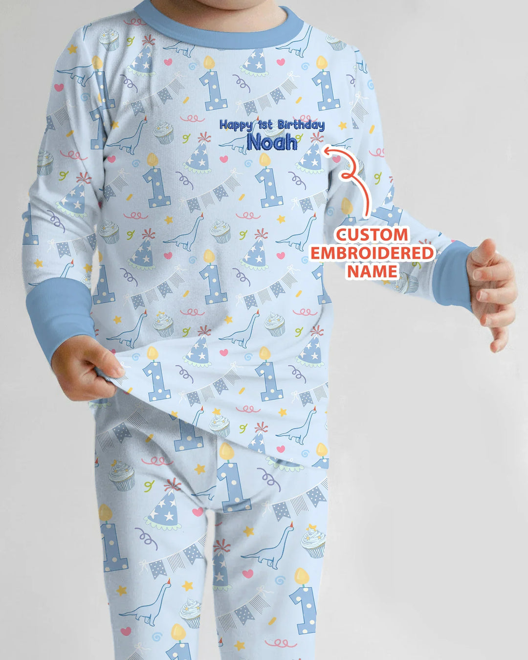 Conjunto de pijama de dos piezas de bambú bordado de manga larga para bebé con personalización de 1er cumpleaños para niño