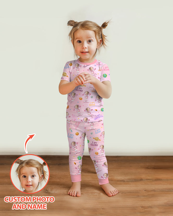 Custom Photo Kid Affirmations I Am Kind Astronaut Bamboo Two Piece Short Sleeve Shorts Pajama Set