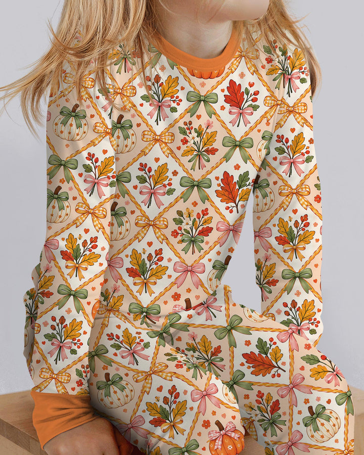 Retro Fall Pumpkin Bow Bamboo Two Piece Long Sleeve Pajama Set