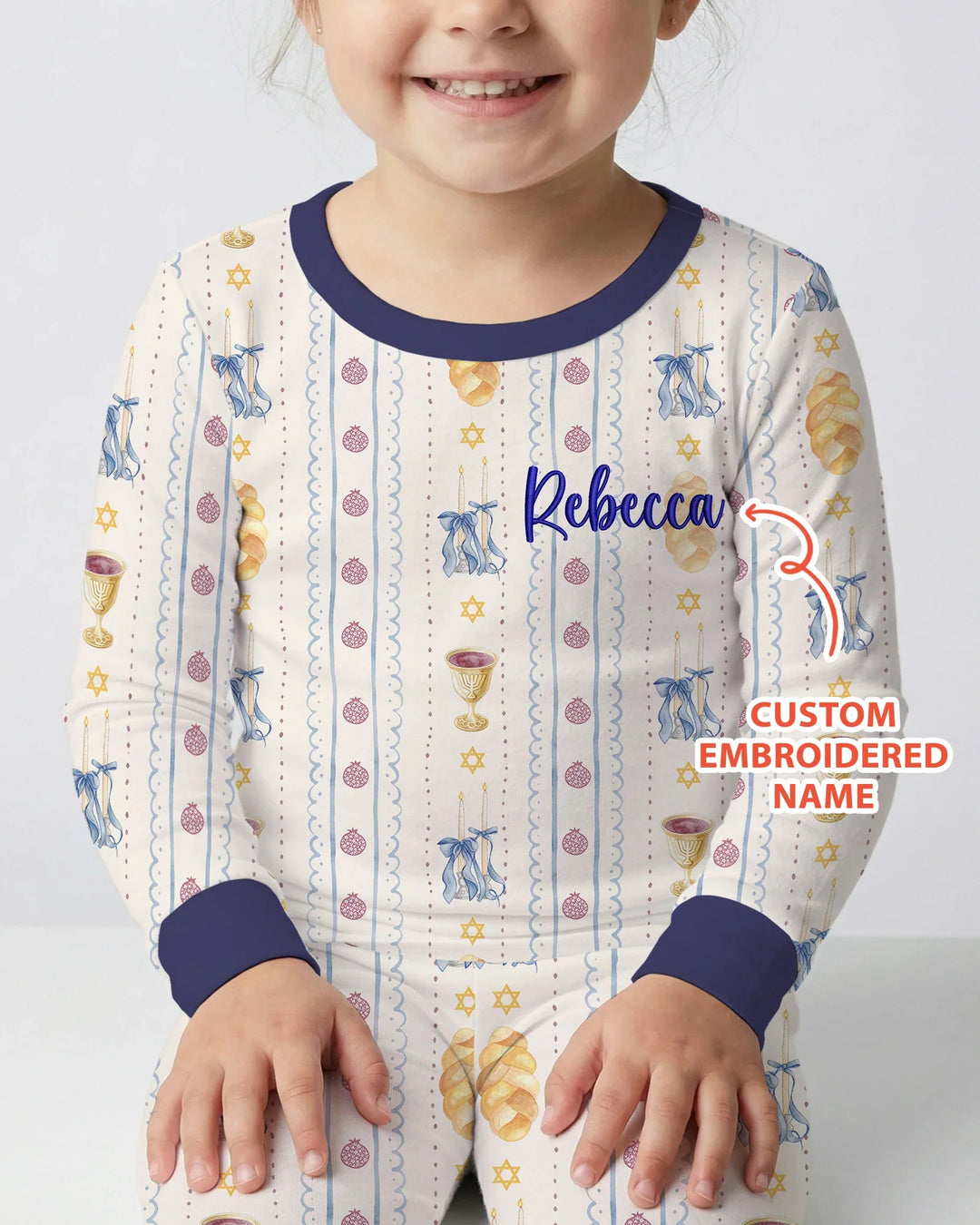 Custom Embroidered Name Shabbat Matching With Mom Bamboo Two Piece Long Sleeve Pajama Set