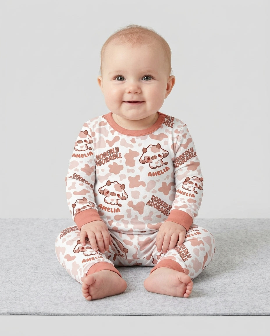 Udderly Adorable Custom Name Bamboo Two Piece Long Sleeve Pajama Set